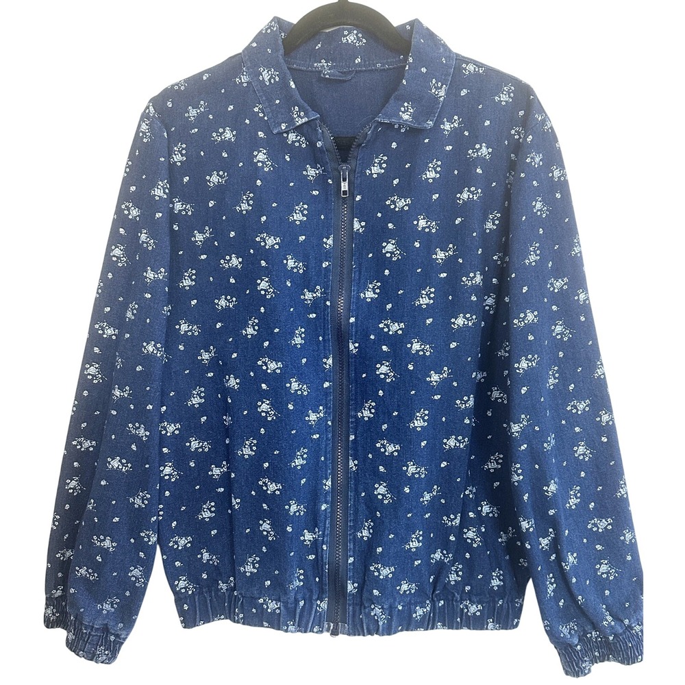 Vintage 90s Denim Zip Up Jacket Novelty Print Women's L Cottagecore Grandma Chic - Picture 1 of 8
